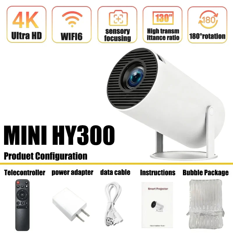 🌟 Projektor HY300 4K Ultra HD — Android 11, WiFi 6, 290 ANSI — Kinowe Doznania w Domu i na Świeżym Powietrzu!