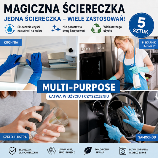 💎 Ściereczka magiczna Magic Glass 2w1 — Gruba, Wielorazowa i Bezsmugowa — Pożegnaj się ze Śladami i Zaciekami na Zawsze!